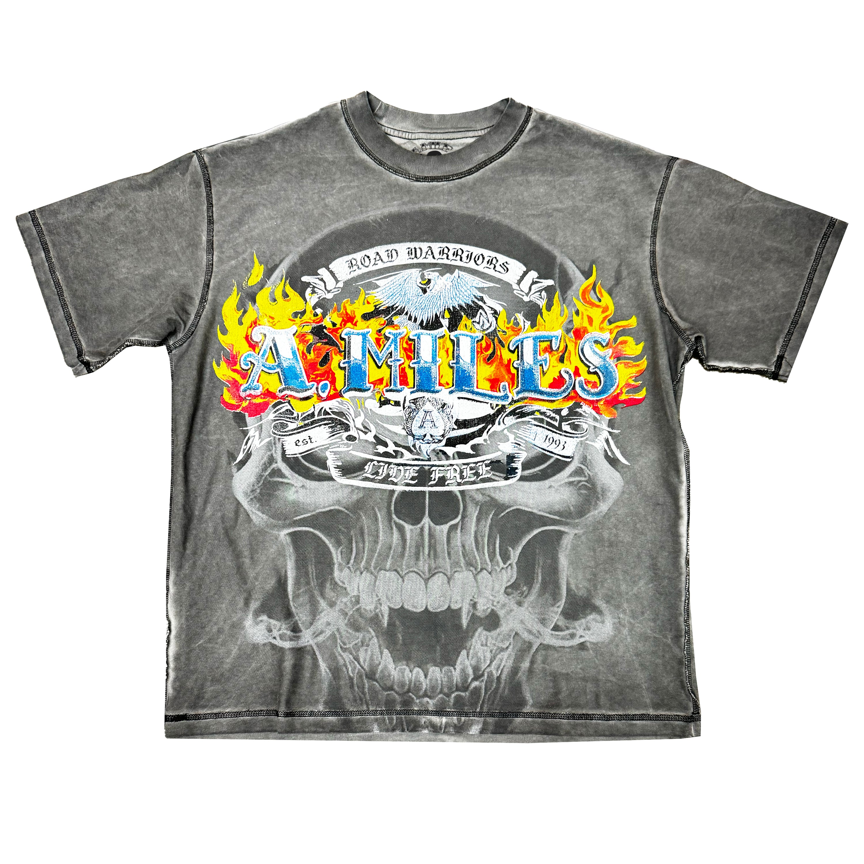 KIY STUDIOS "A.MILE LIVE FREE" Charcoal Grunge Wash T-Shirt