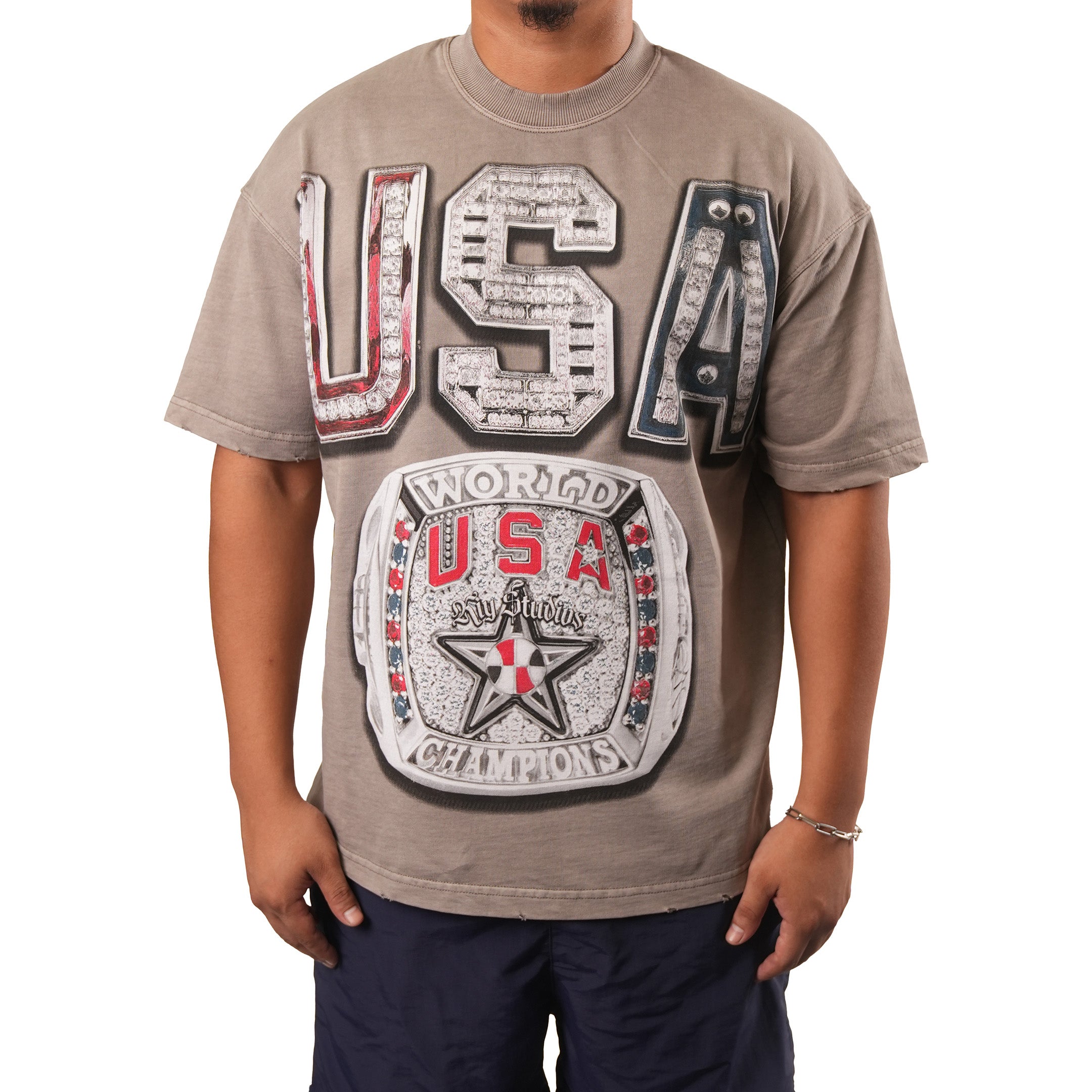 KIY STUDIOS "SO ICY USA" Stone Grey Vintage Wash T-Shirt