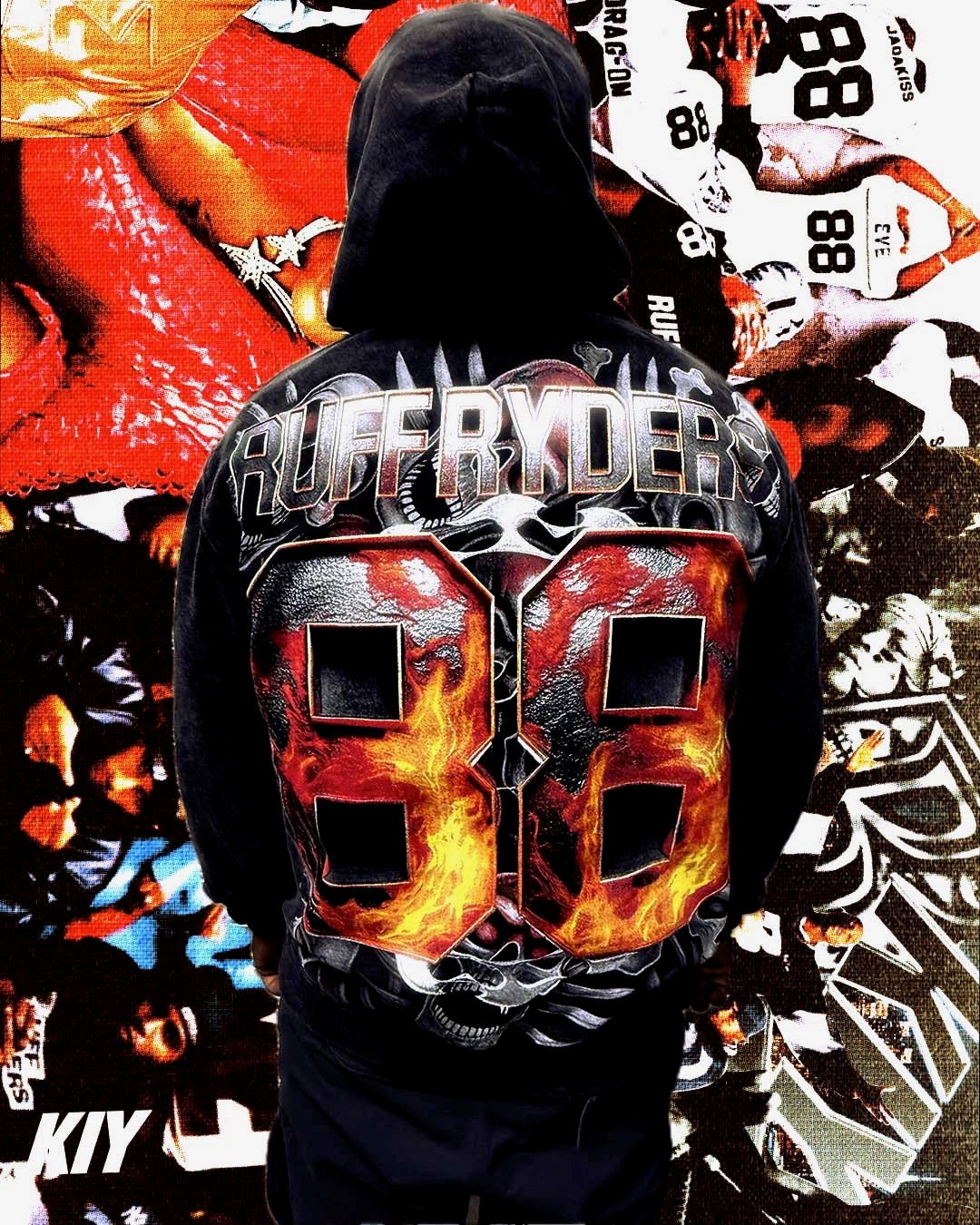 KIY STUDIOS X RUFF RYDERS "88 SKULLS" VINTAGE BLACK HOODIE