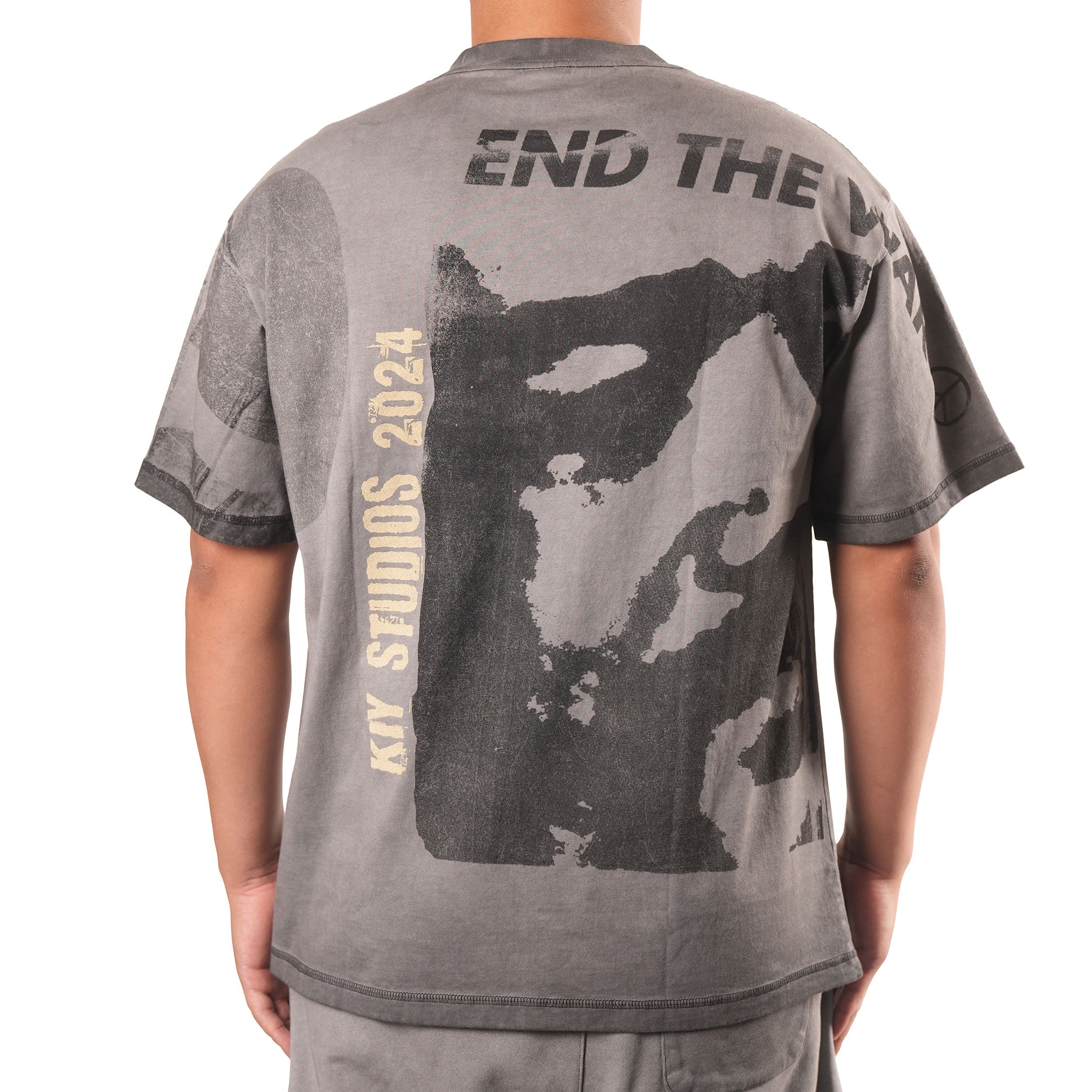 KIY STUDIOS "END THE WAR" Gray Grunge Wash Tee