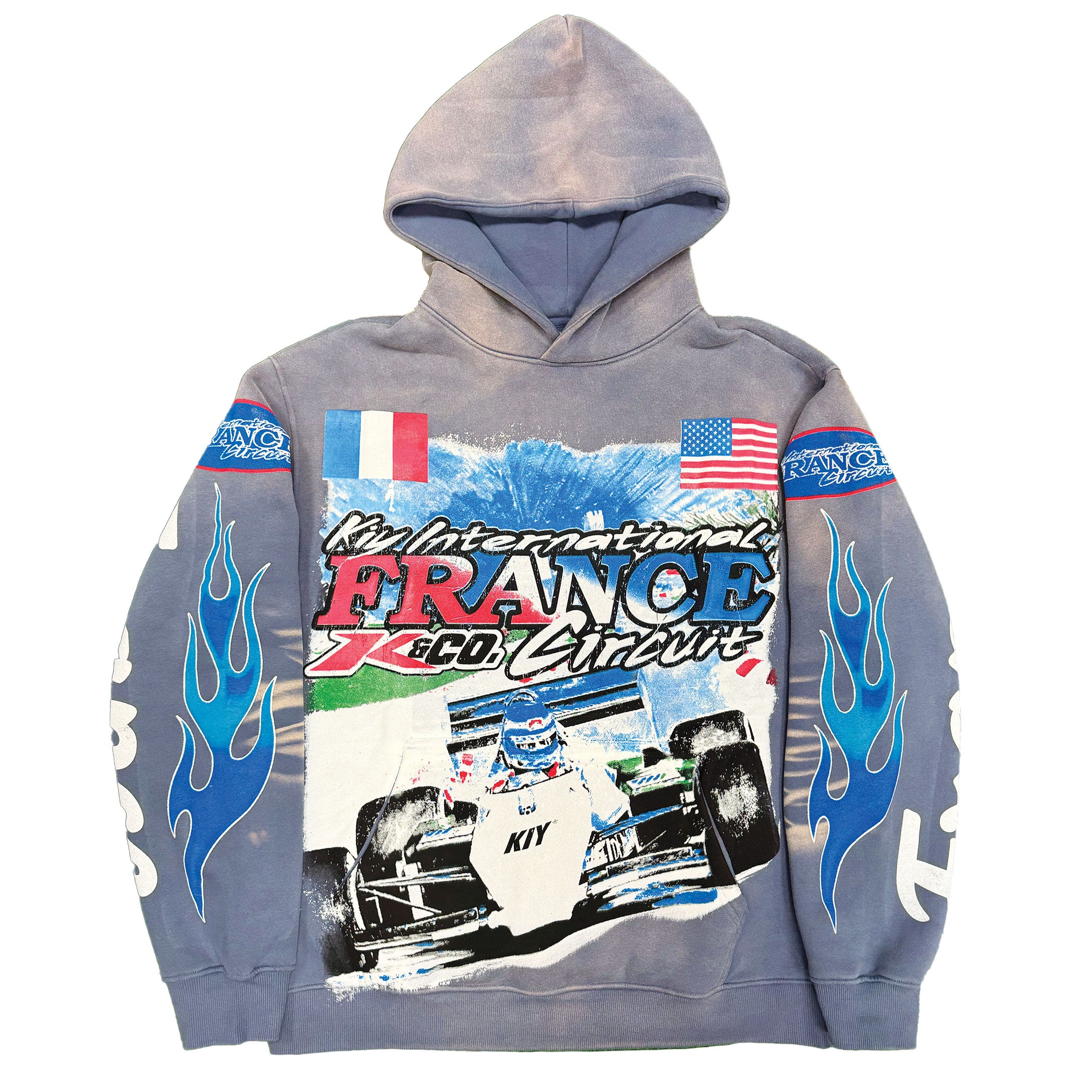 KIY STUDIOS "FRANCE CIRCUIT" Sun Faded Pacific Blue Hoodie