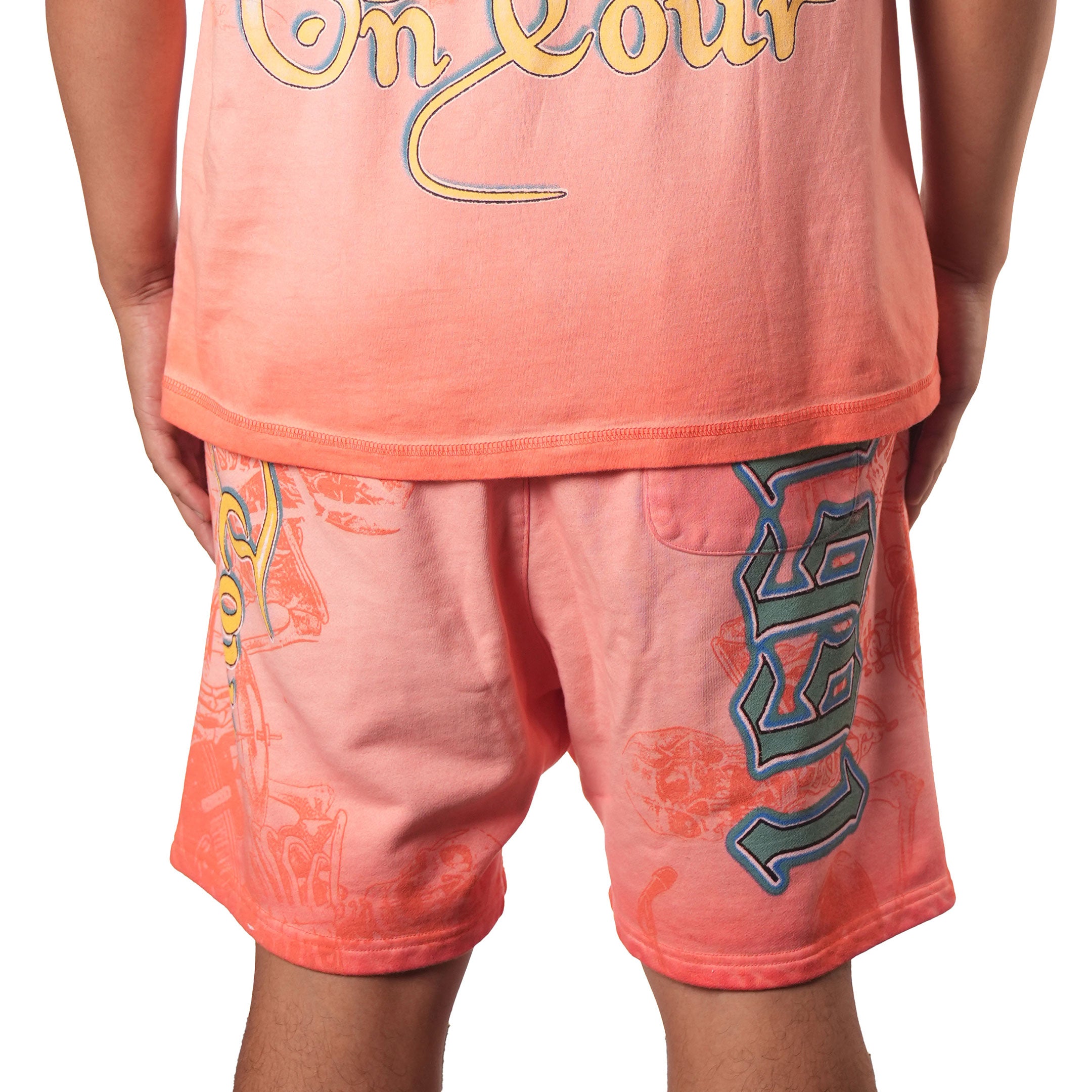 Kiy Studios "SKULL TOUR '91" Grunge Wash Peach Apricot Shorts