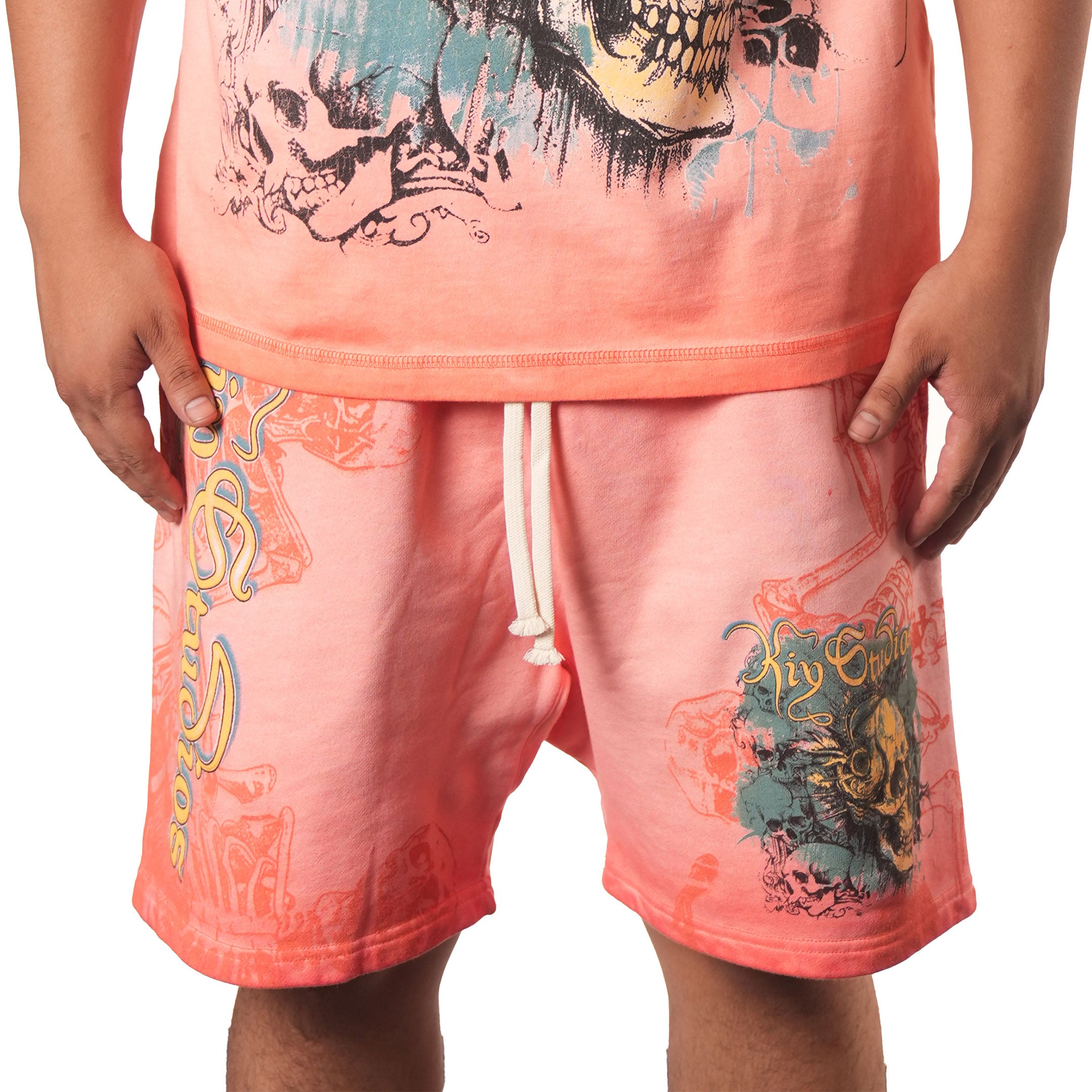 Kiy Studios "SKULL TOUR '91" Grunge Wash Peach Apricot Shorts