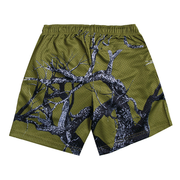 KIY STUDIOS X HOWLERS "Tree Camo" Shorts in Olive Drab