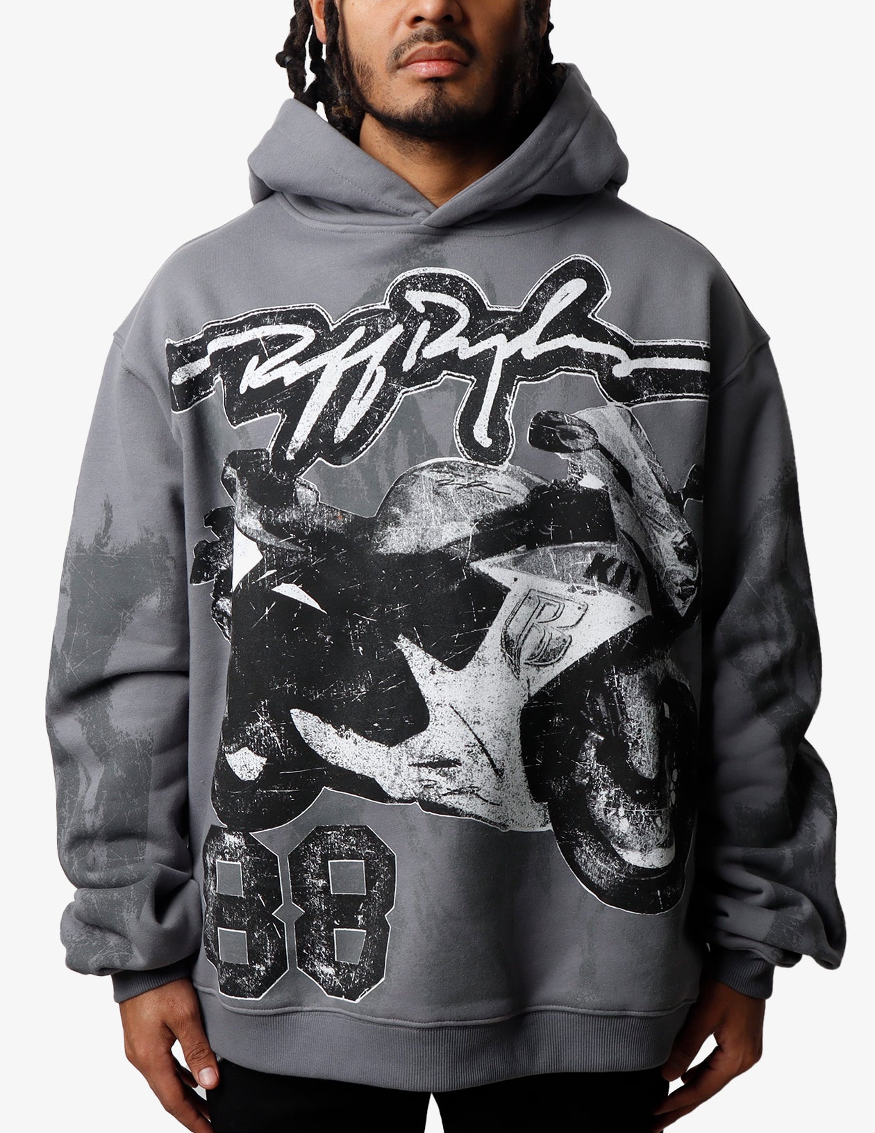 KIY STUDIOS X RUFF RYDERS "GREY BIKE" VINTAGE WASH GREY HOODIE