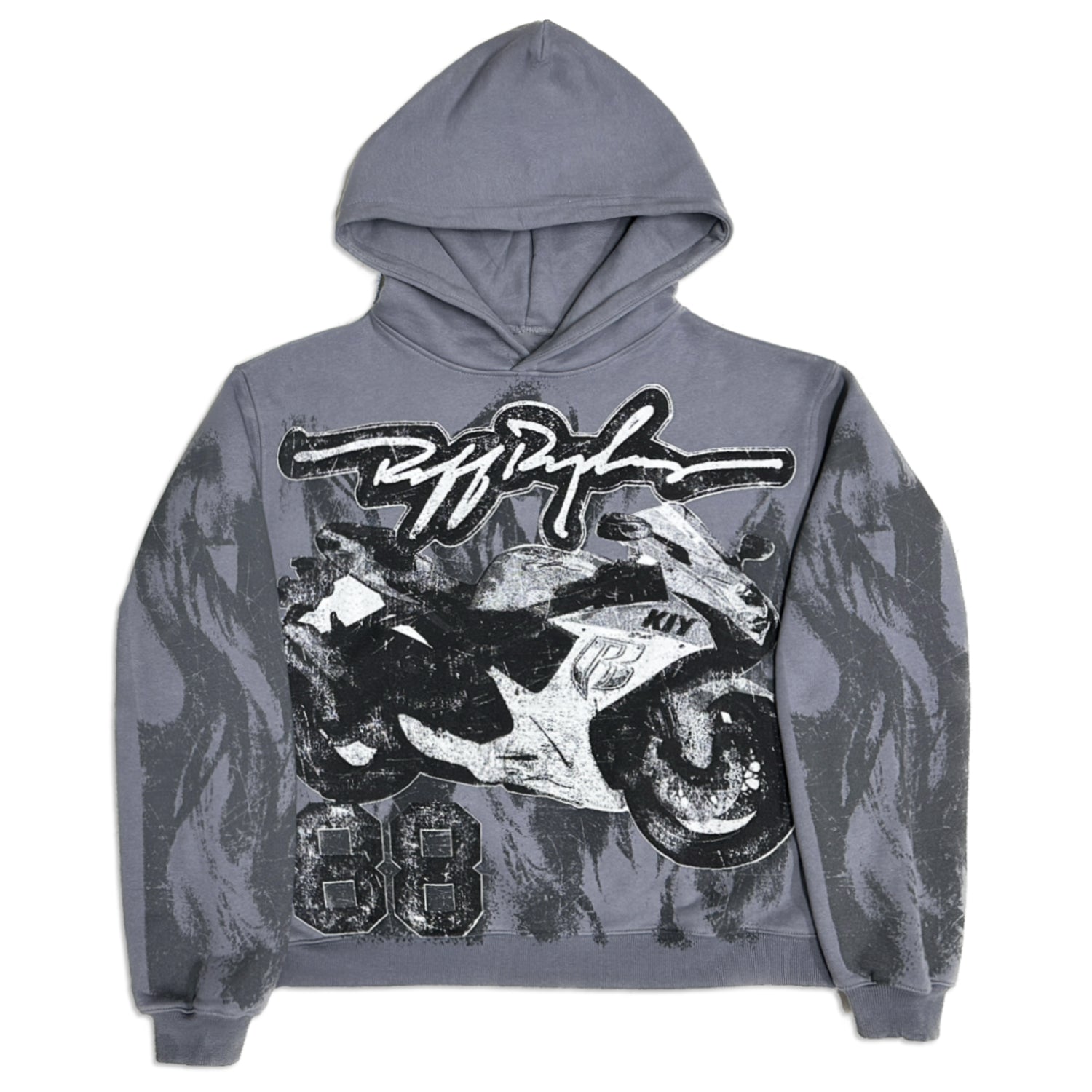 KIY STUDIOS X RUFF RYDERS "GREY BIKE" VINTAGE WASH GREY HOODIE