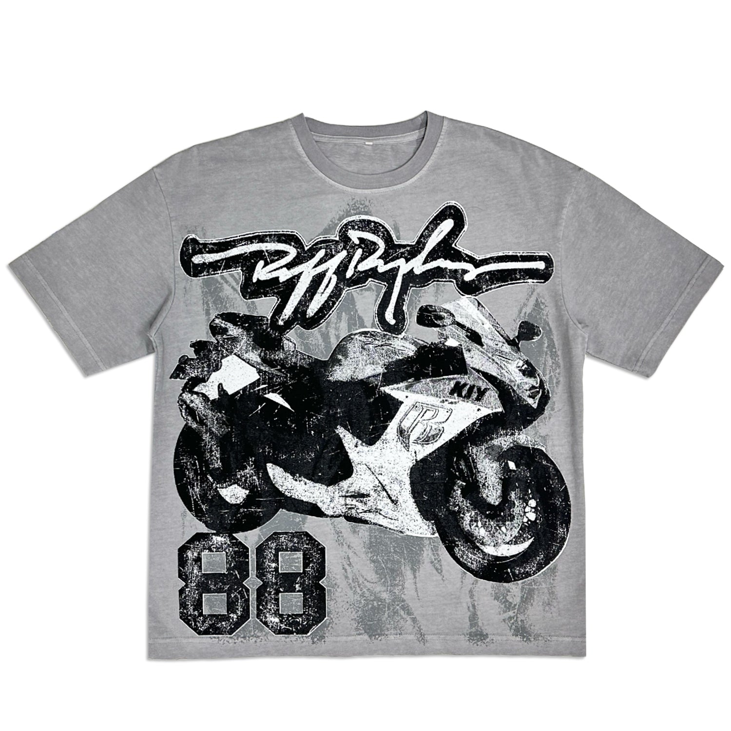 KIY STUDIOS X RUFF RYDERS "STREET BIKE" PIGMENT GREY T-SHIRT